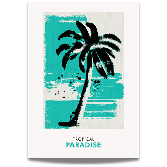 Frisk opp veggene med Tropical Paradise – turkis retro palmeplakat. Den slitte, grafiske stilen og de kraftige turkise tonene gir et vintage preg med strandstemning.