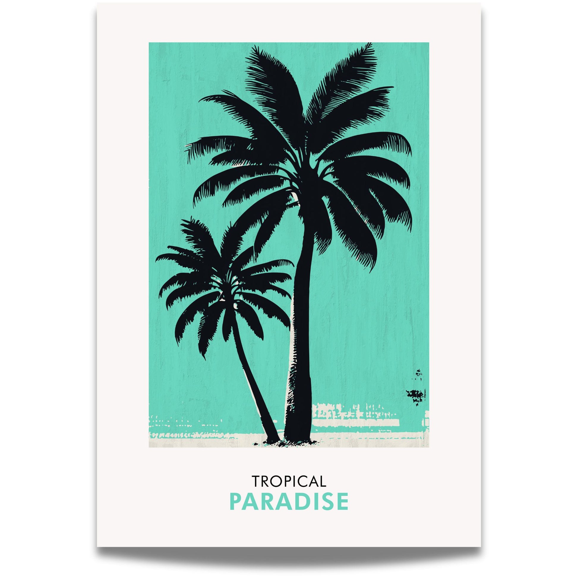 Tropical Paradise – dobbel palme plakat kombinerer to elegante palmer med en avslappet turkis bakgrunn. 
