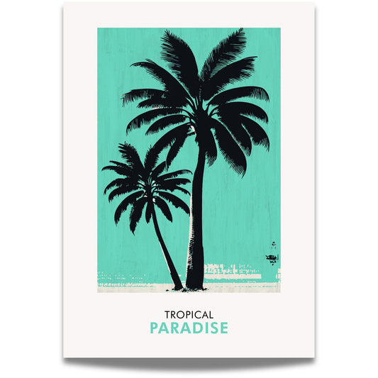 Tropical Paradise – dobbel palme plakat kombinerer to elegante palmer med en avslappet turkis bakgrunn. 