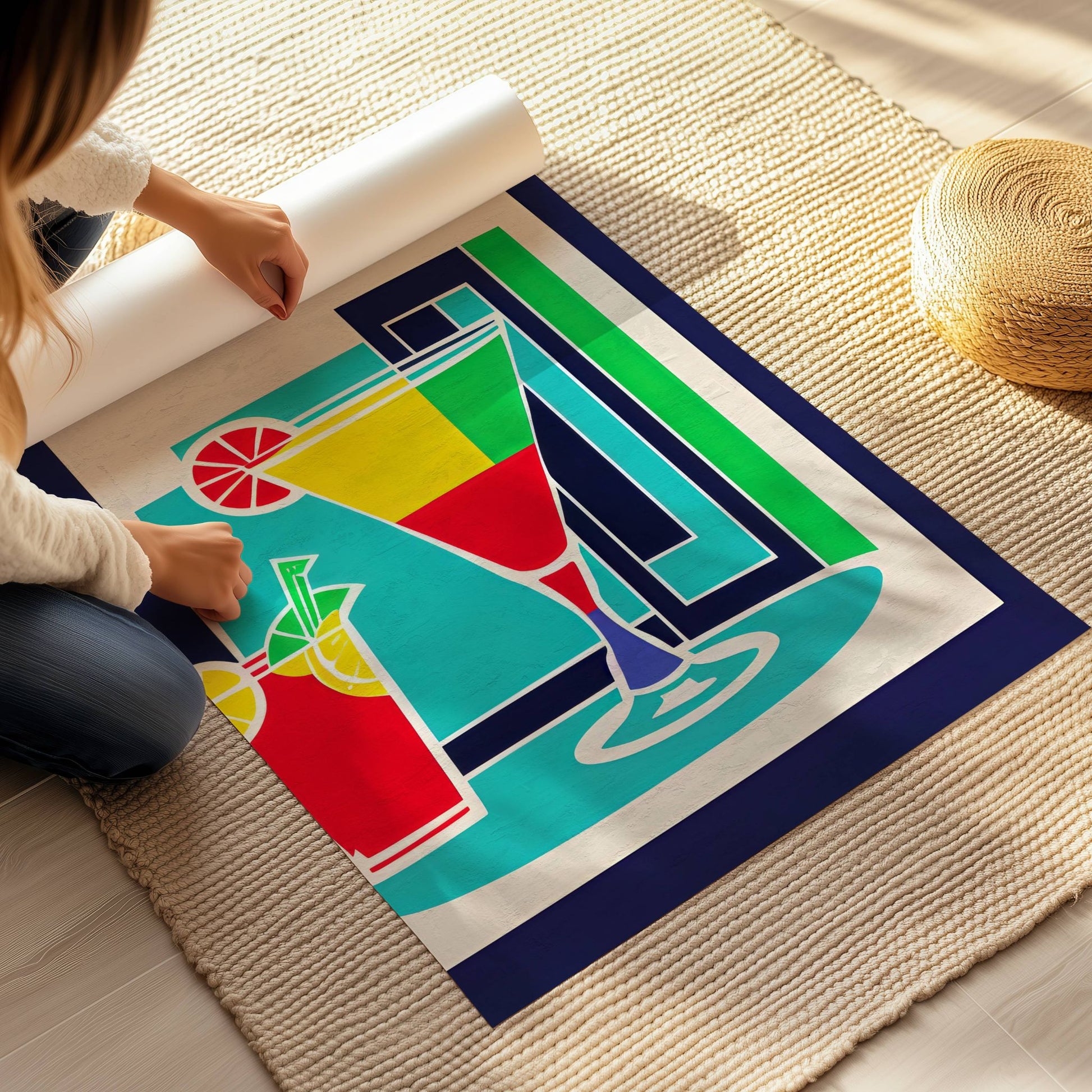 Lys opp rommet med Tropisk Cocktail – fargerik retro plakat som kombinerer tropiske toner med moderne kunstneriske former. Illustrasjon viser plakat på print.