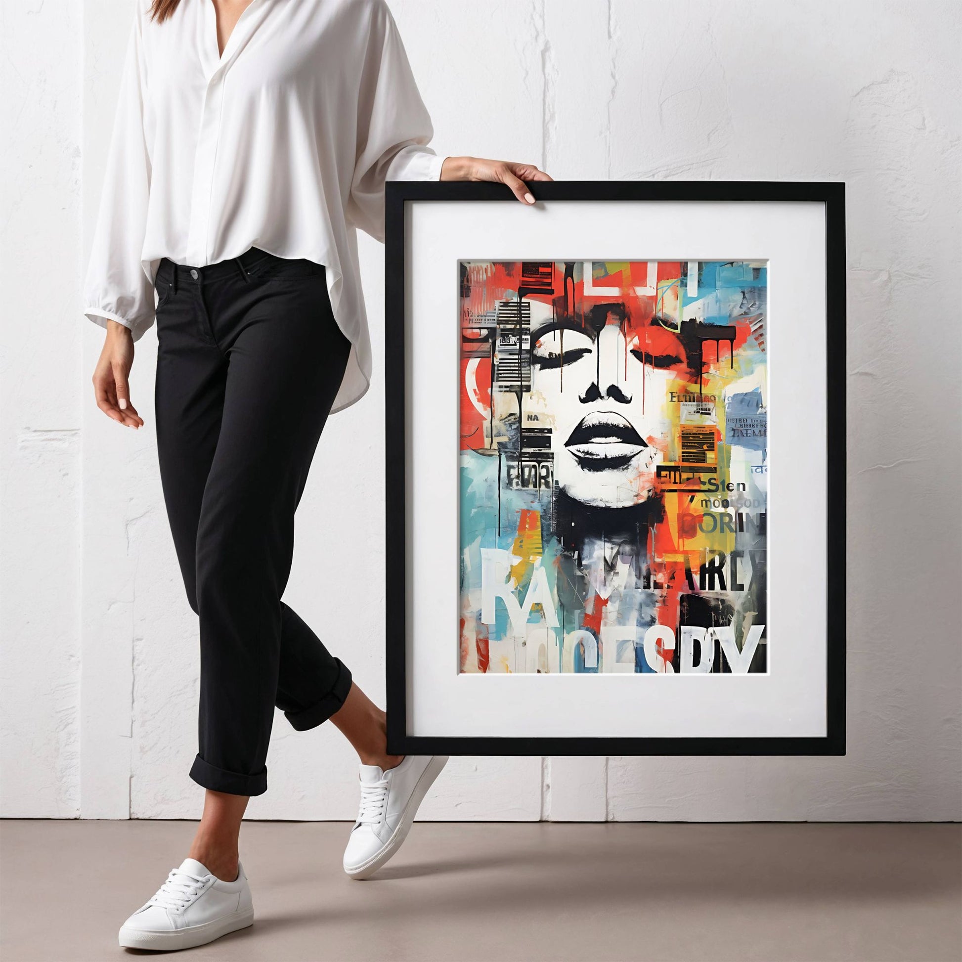 La kunst og urban energi smelte sammen med Urban Essence – en kraftfull street art-plakat &amp; lerret som kombinerer moderne graffiti-elementer, abstrakte farger og rå typografi. Illustrasjon viser motivet med passepartout i sort ramme.