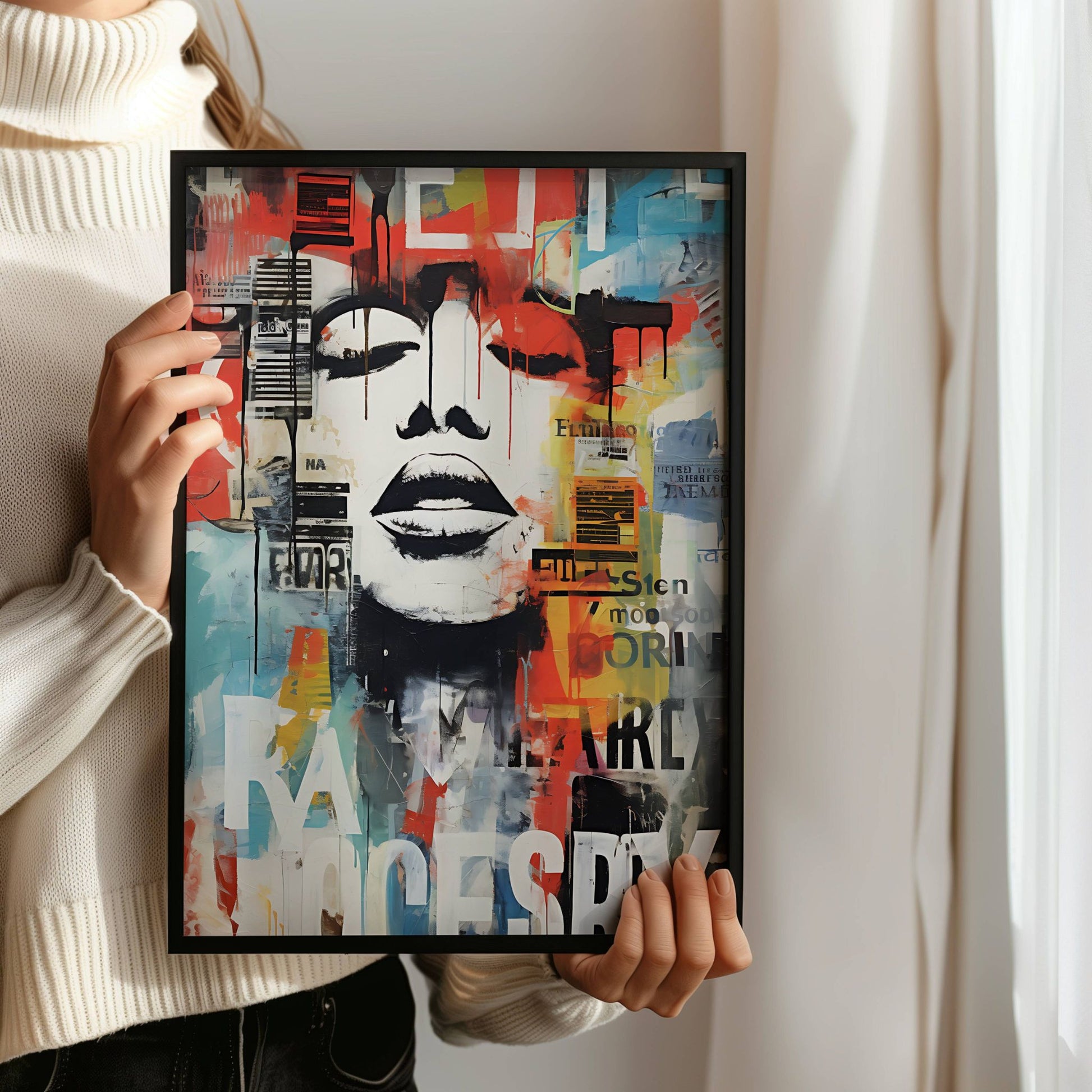 La kunst og urban energi smelte sammen med Urban Essence – en kraftfull street art-plakat &amp; lerret som kombinerer moderne graffiti-elementer, abstrakte farger og rå typografi. Illustrasjon viser motivet uten hvit kant i sort ramme.