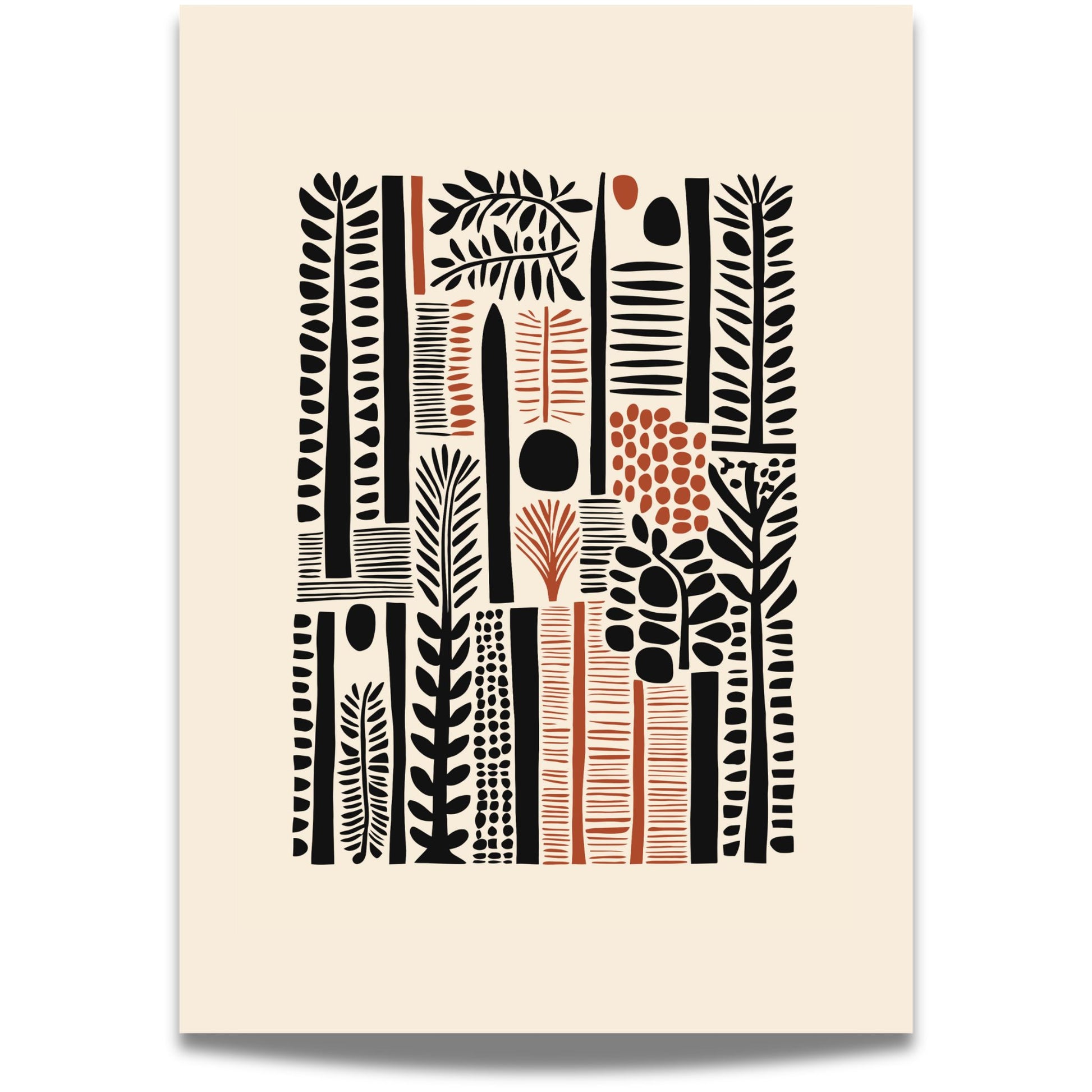 Urban Jungle er en leken og stilig plakat med grafiske planteelementer i svarte og oransje toner. Illustrasjon viser motiv med bred kant.