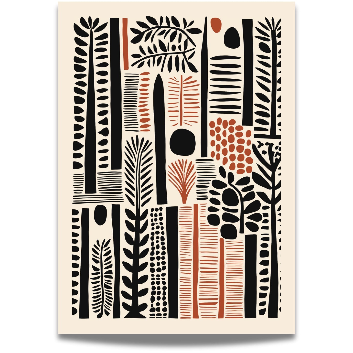 Urban Jungle er en leken og stilig plakat med grafiske planteelementer i svarte og oransje toner. Illustrasjon viser motiv med smal kant.
