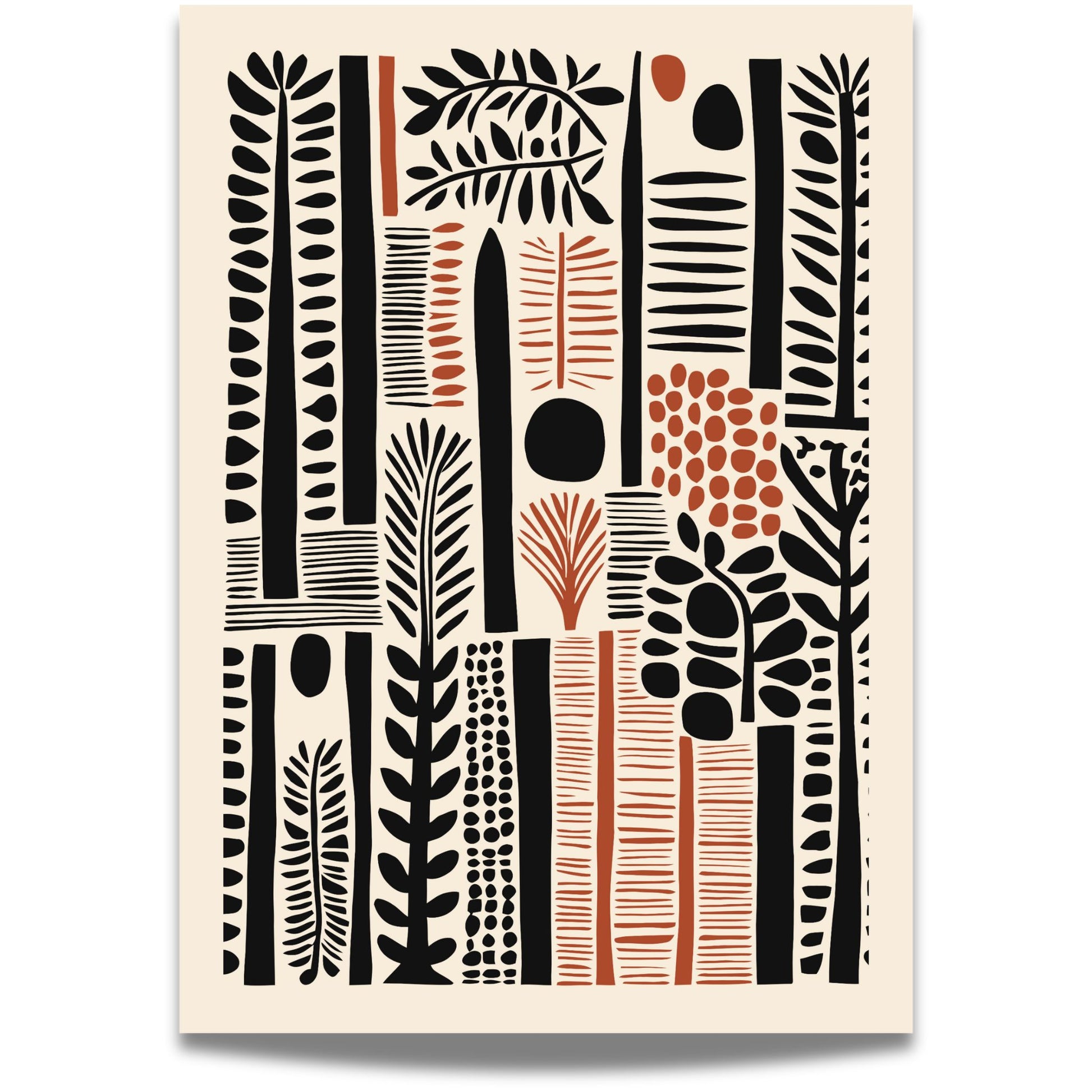 Urban Jungle er en leken og stilig plakat med grafiske planteelementer i svarte og oransje toner. Illustrasjon viser motiv med smal kant.