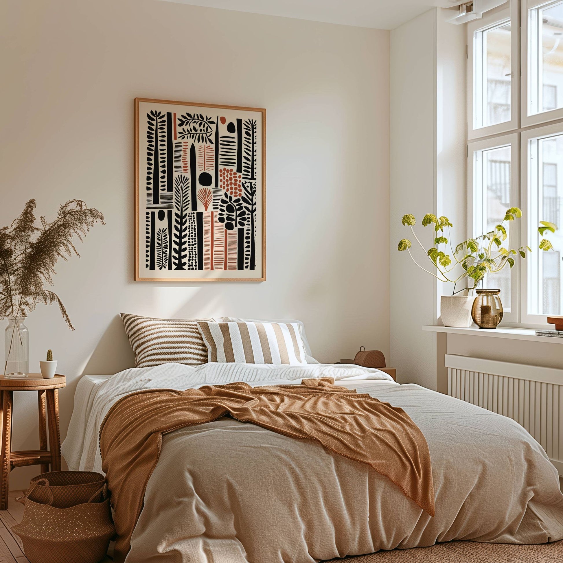 Urban Jungle er en leken og stilig plakat med grafiske planteelementer i svarte og oransje toner. Illustrasjon viser motiv med smal kant i eik ramme.