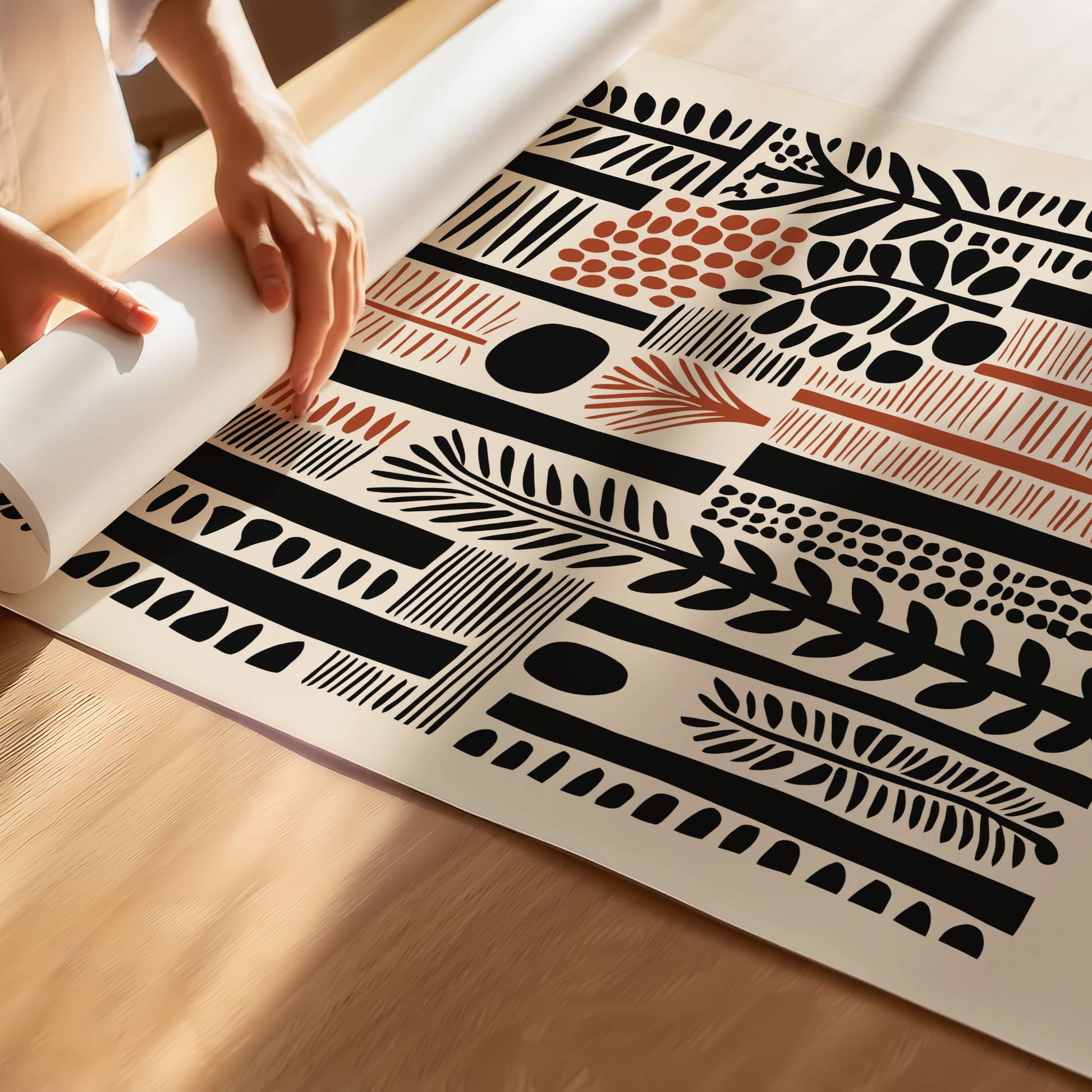 Urban Jungle er en leken og stilig plakat med grafiske planteelementer i svarte og oransje toner. Illustrasjon viser motiv med smal kant på print.