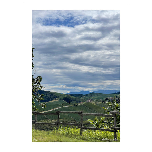 Utsikt mot Barolo fra vinmarker i La Morra området. Alpene kan skimtes i det fjerne. I forkant er det et tre gjerde. Det er et tett skylag på himmelen med en liten åpning hvor det skimtes blå himmel.