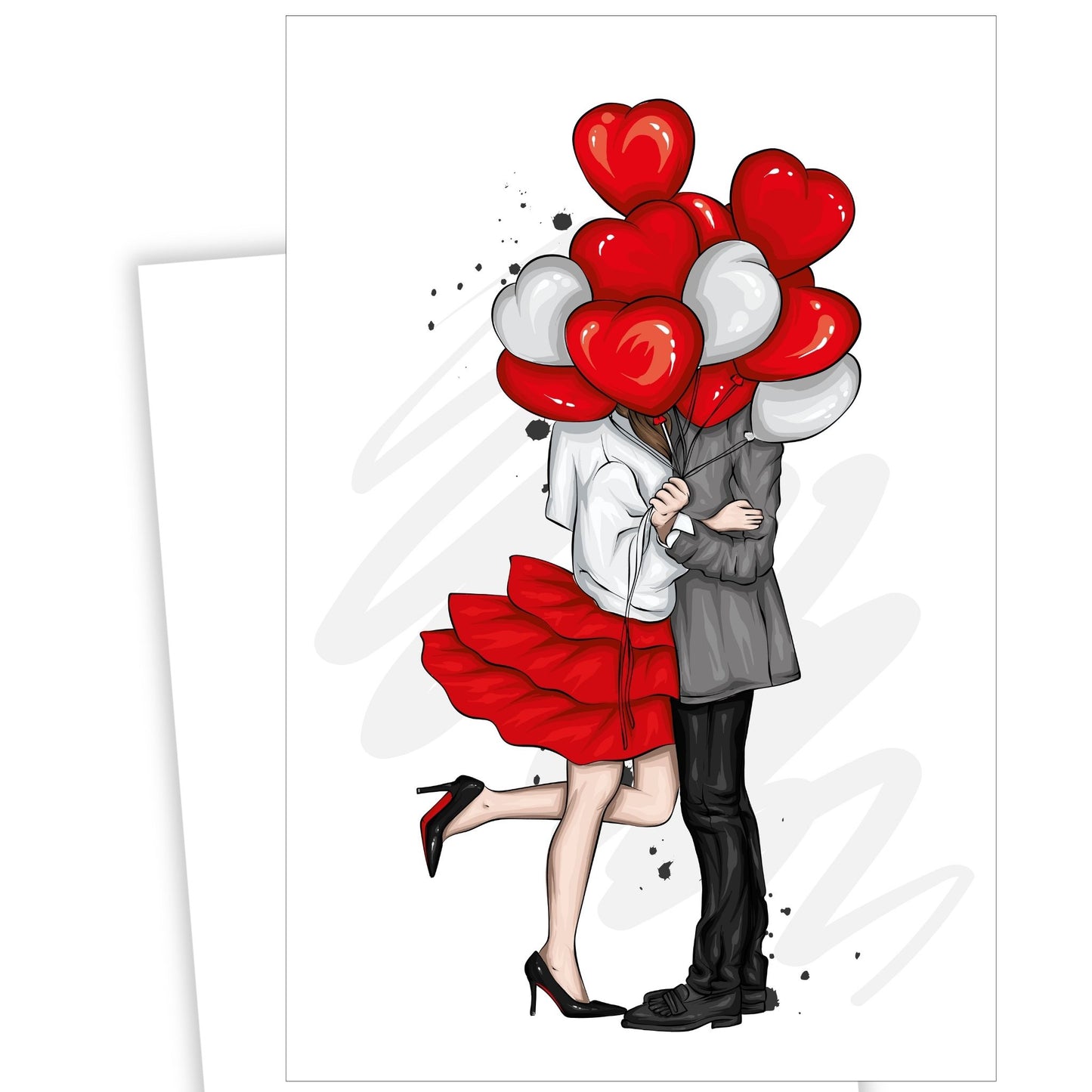 Valentine kort i grafisk trykk. Motivet er et kjærestepar som står og holder rundt hverandre skjult bake røde og rosa ballonger. Kvinnen har rødt foldeskjørt.
