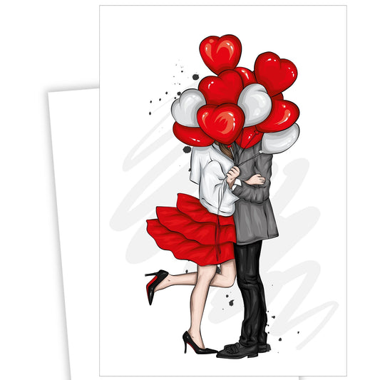 Valentine kort i grafisk trykk. Motivet er et kjærestepar som står og holder rundt hverandre skjult bake røde og rosa ballonger. Kvinnen har rødt foldeskjørt.