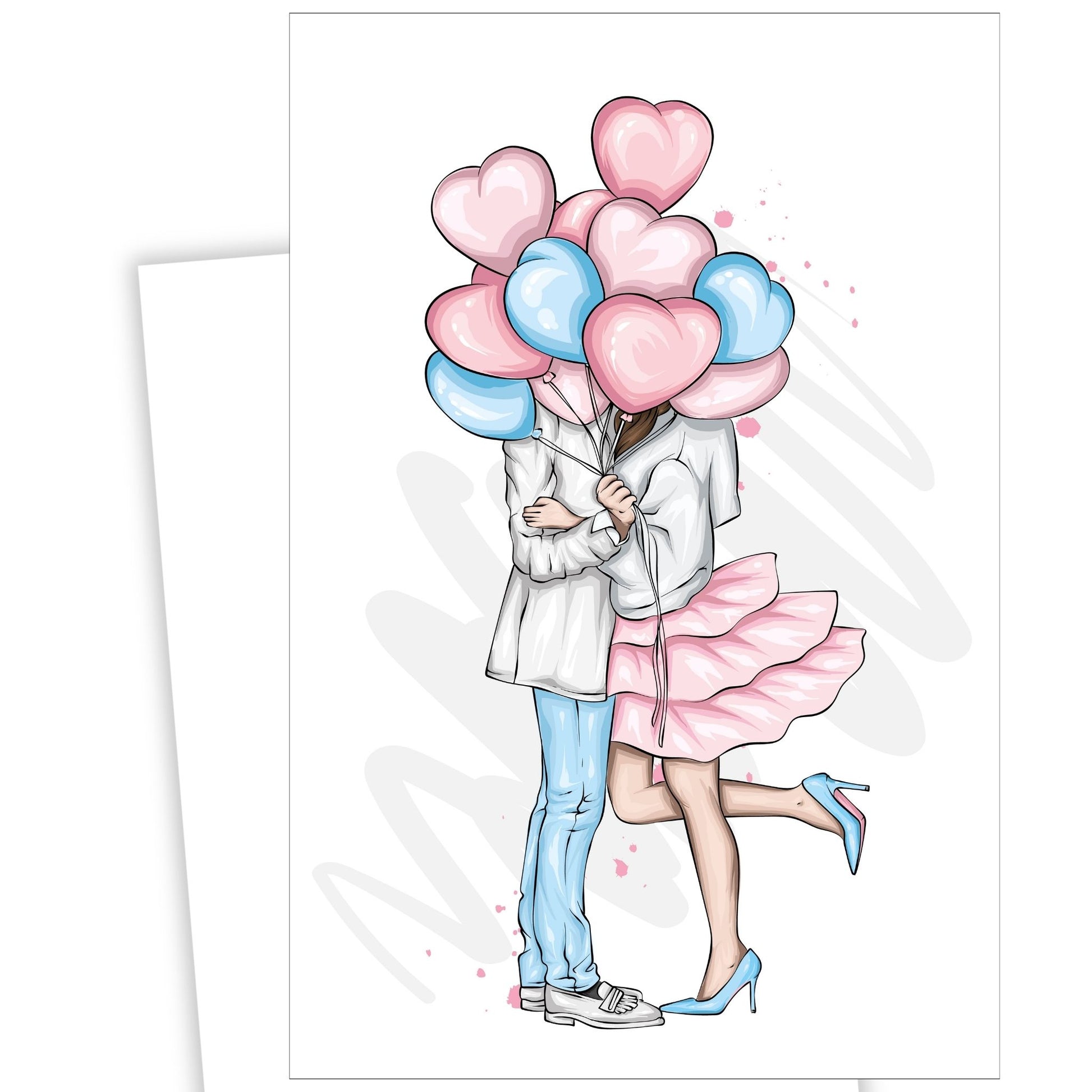 Valentine kort i grafisk trykk. Motivet er et kjærestepar som står og holder rundt hverandre skjult bake rosa og lyseblå ballonger. Kvinnen har et rosa foldeskjørt.