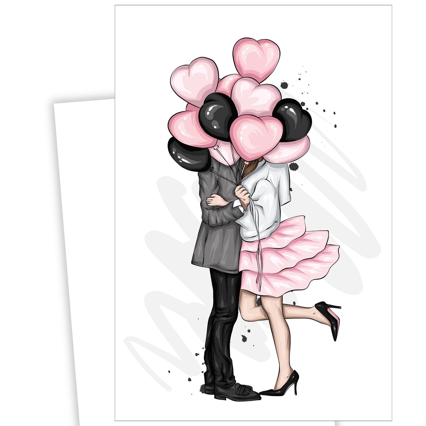 Valentine kort i grafisk trykk. Motivet er et kjærestepar som står og holder rundt hverandre skjult bake rosa og svarte ballonger. Kvinnen har et rosa foldeskjørt.