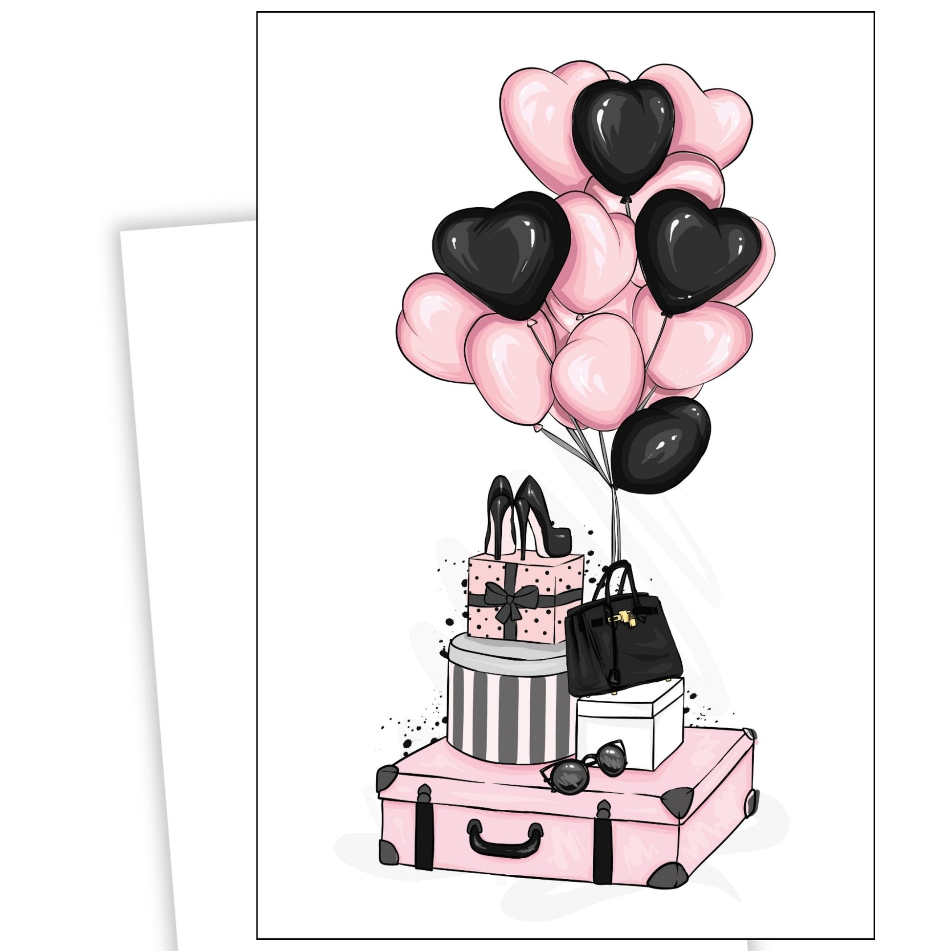 Valentine kort med rosa koffert, pakker, damesko, veske og sorte og rosa ballonger.