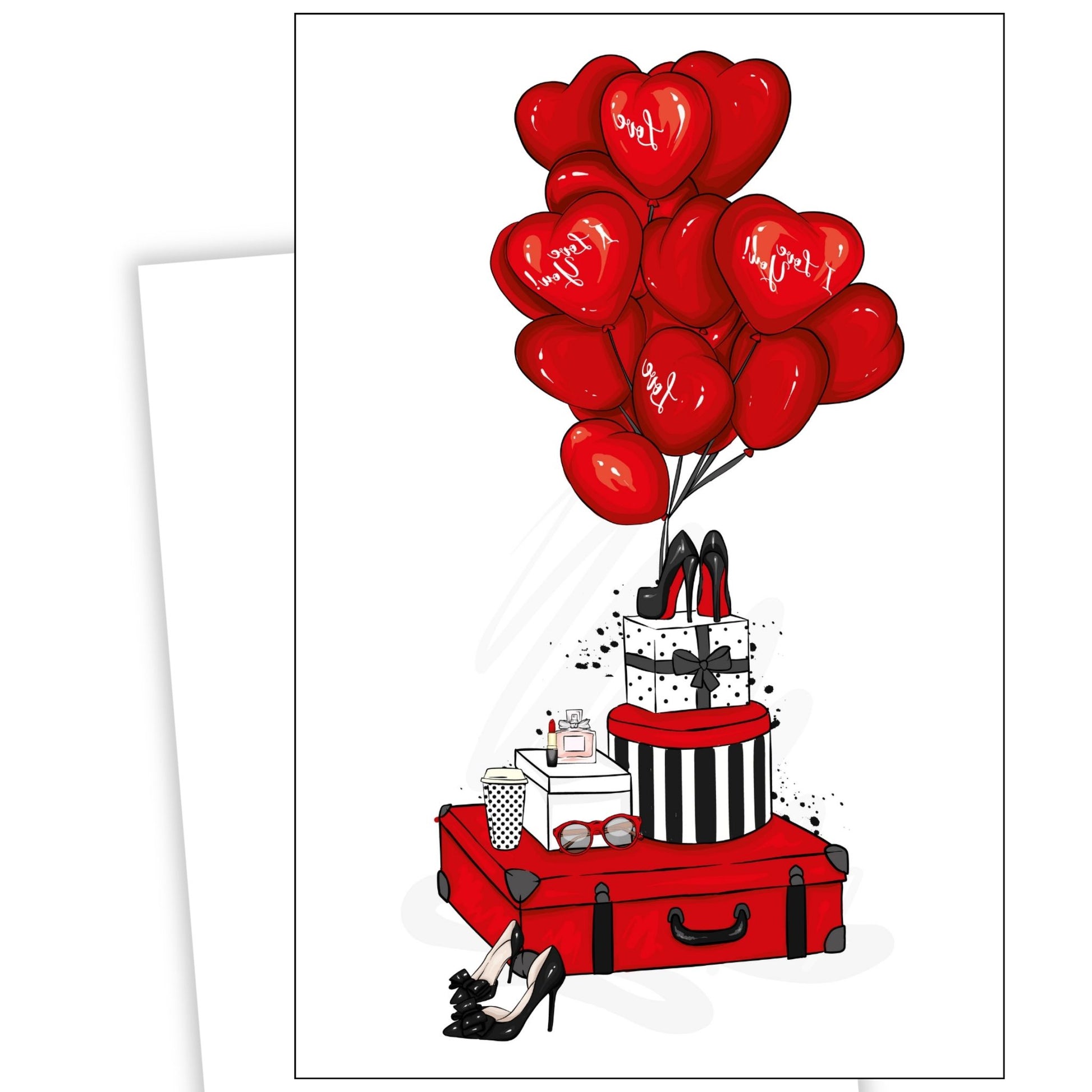 Valentine kort med rød koffert, pakker, damesko, solbriller, kosmetikk og røde ballonger.