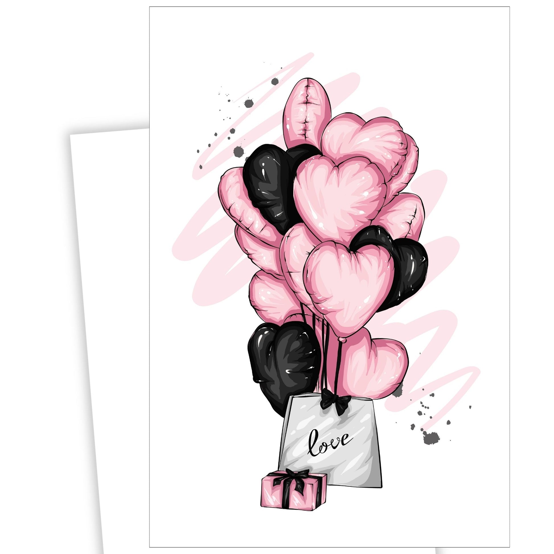 Valentine kort med rosa og svarte ballonger.