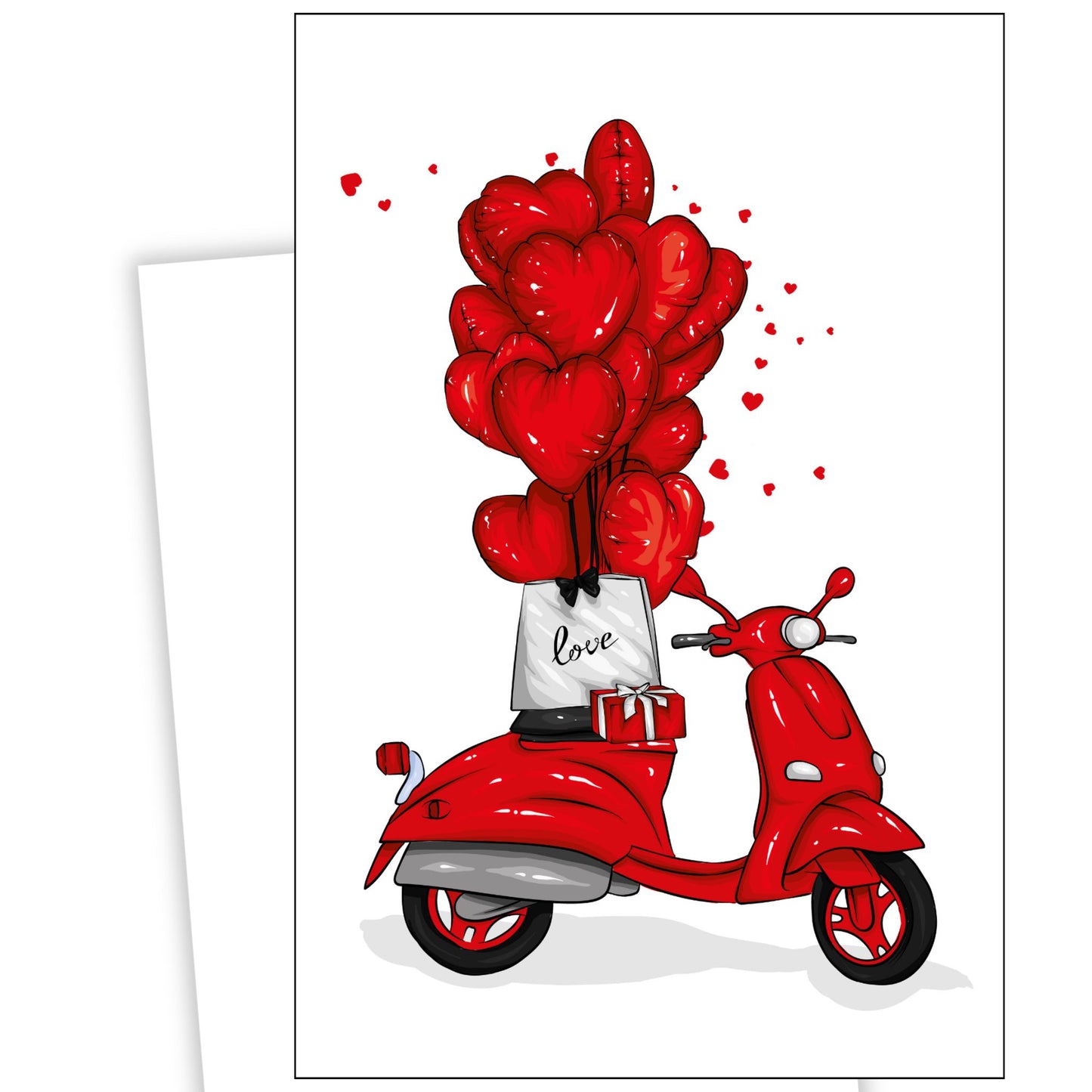 Valentinekort med en rød Vespa og røde ballonger.