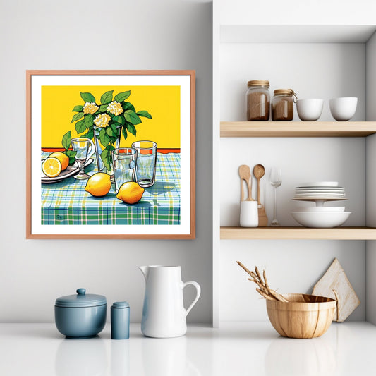 Plakaten viser en blå duk med ruter i grønn, gul og hvit, komplett med en vase med hvite blomster og grønt bladverk. Tre elegante vannglass og fire friske sitroner legger til en forfriskende touch til motivet. Illustrasjonsfoto viser motivet som plakat i en ramme på et kjøkken.