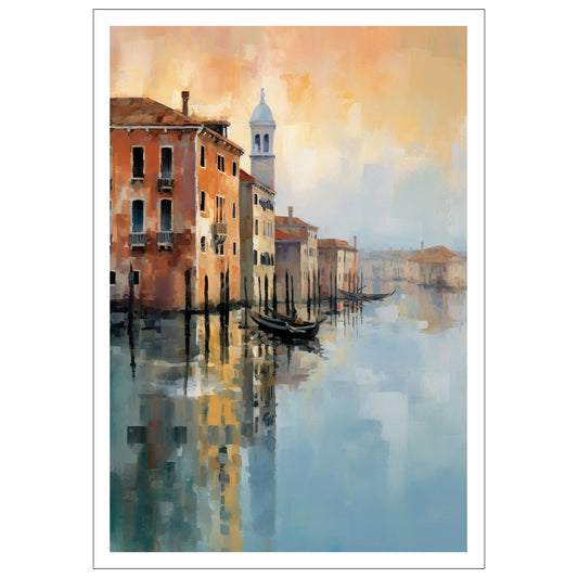 Grafisk maleri av Venezia. Dykk inn i det pulserende hjertet av Italia mens du tar inn synet av gondoler som ligger på kanalene og de fargerike bygningene som speiler seg i det stille vannet.