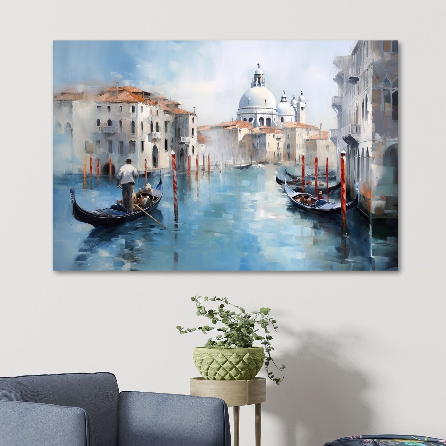 Grafisk maleri. Utforsk den romantiske skjønnheten med vår Venezia plakat og lerret. Dykk inn i det pulserende hjertet av Italia mens du tar inn synet av gondoler som glir stille gjennom kanalene og de fargerike bygningene som speiler seg i det stille vannet. Illustrasjon som viser motivet på lerret.