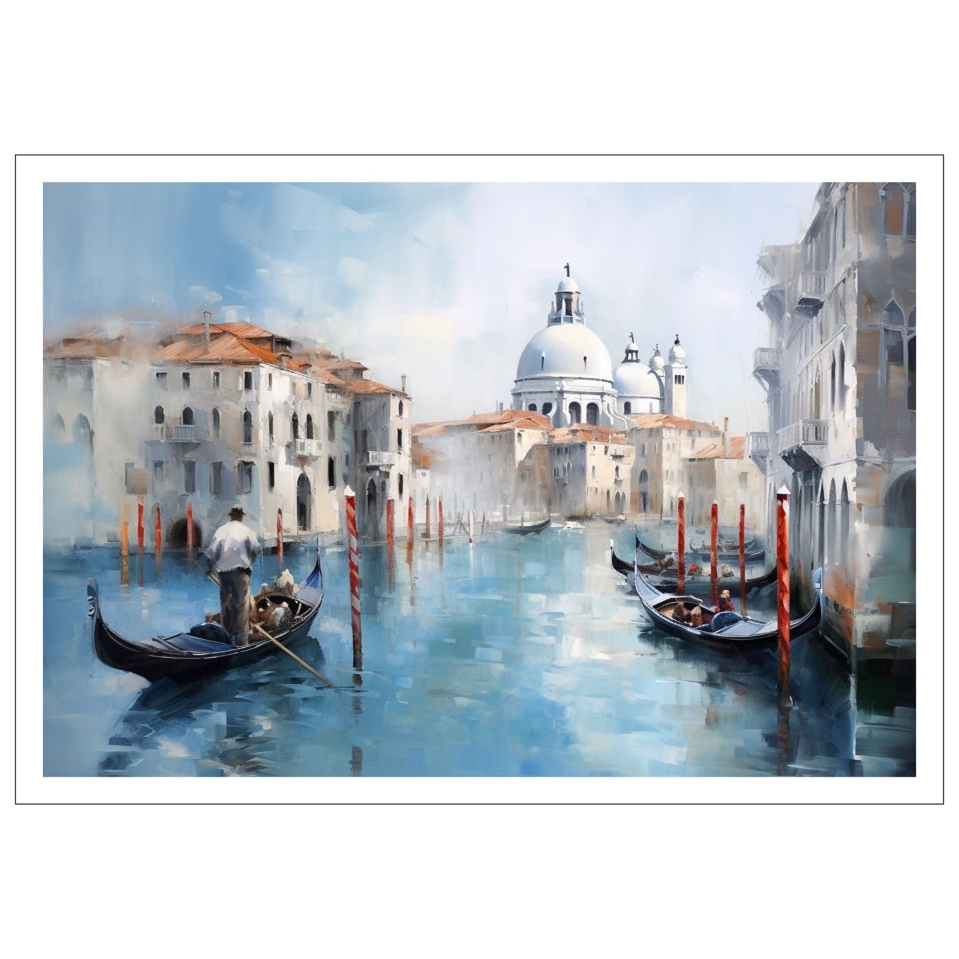 Grafisk maleri. Utforsk den romantiske skjønnheten med vår Venezia plakat og lerret. Dykk inn i det pulserende hjertet av Italia mens du tar inn synet av gondoler som glir stille gjennom kanalene og de fargerike bygningene som speiler seg i det stille vannet. 