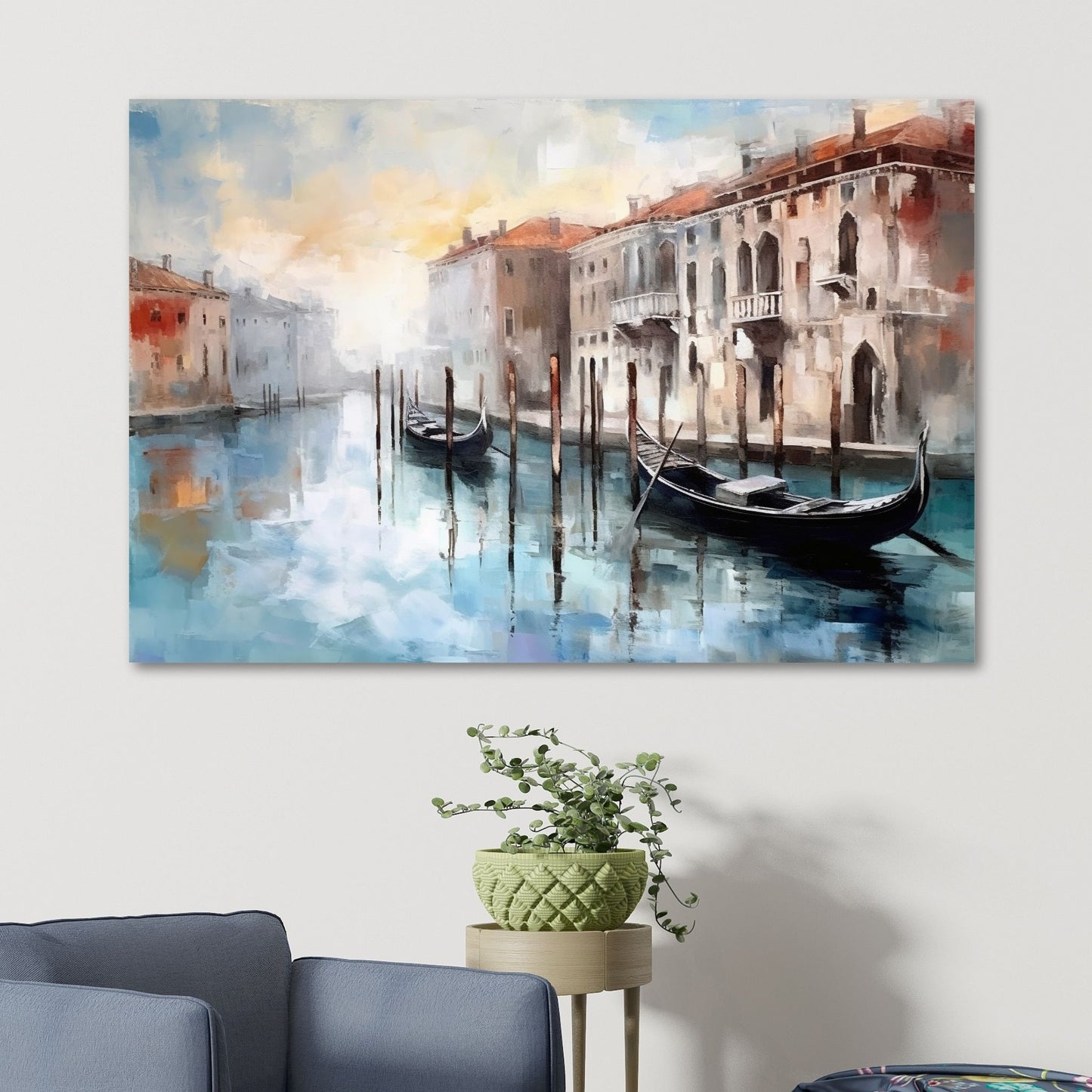 Grafisk maleri. Utforsk den romantiske skjønnheten med vår Venezia plakat og lerret. Dykk inn i det pulserende hjertet av Italia mens du tar inn synet av gondoler som ligger i kanalene og de fargerike bygningene som speiler seg i det stille vannet. Illustrasjon som viser motivet på lerret.