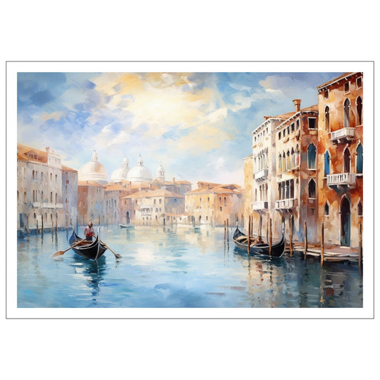 Grafisk maleri. Utforsk den romantiske skjønnheten med vår Venezia plakat og lerret. Dykk inn i det pulserende hjertet av Italia mens du tar inn synet av gondoler som glir stille gjennom kanalene og de fargerike bygningene som speiler seg i det stille vannet. 