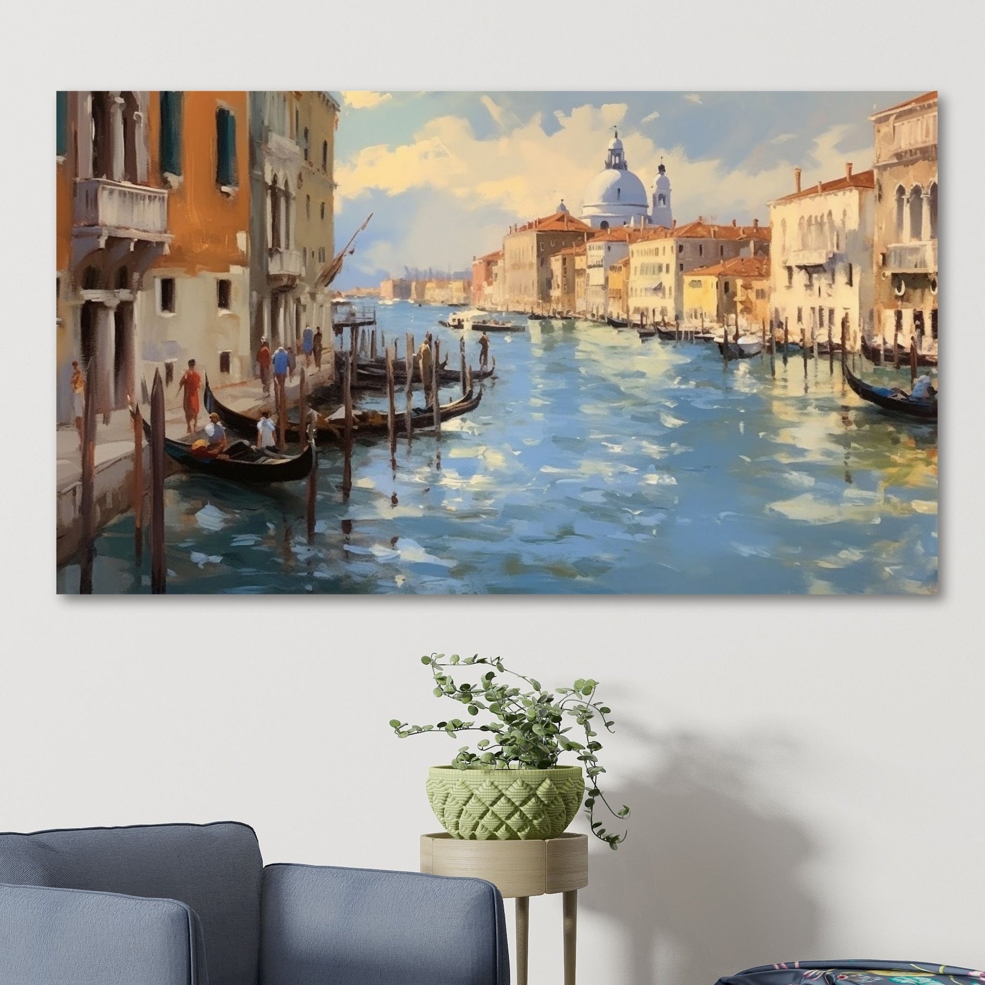 Grafisk maleri. Utforsk den romantiske skjønnheten med vår Venezia plakat og lerret. Dykk inn i det pulserende hjertet av Italia mens du tar inn synet av gondoler som ligger i kanalene og de fargerike bygningene som speiler seg i det stille vannet. Illustrasjon som viser motivet på lerret.