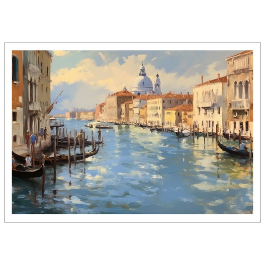 Grafisk maleri. Utforsk den romantiske skjønnheten med vår Venezia plakat og lerret. Dykk inn i det pulserende hjertet av Italia mens du tar inn synet av gondoler som ligger i kanalene og de fargerike bygningene som speiler seg i det stille vannet. 