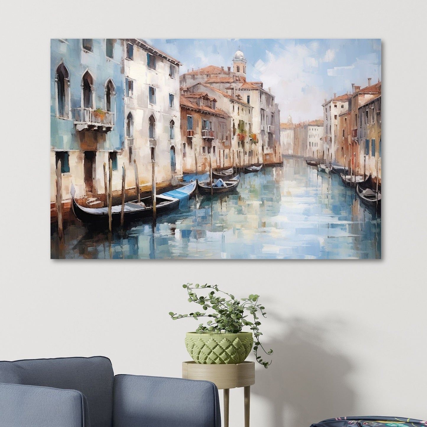 Grafisk maleri. Utforsk den romantiske skjønnheten med vår Venezia plakat og lerret. Dykk inn i det pulserende hjertet av Italia mens du tar inn synet av gondoler som ligger i kanalene og de fargerike bygningene som speiler seg i det stille vannet. Illustrasjon som viser motivet på lerret.