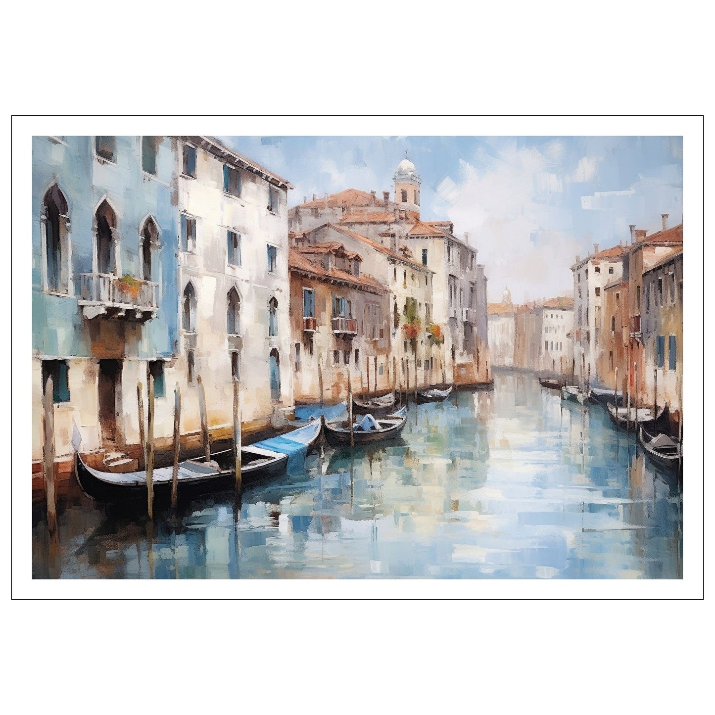 Grafisk maleri. Utforsk den romantiske skjønnheten med vår Venezia plakat og lerret. Dykk inn i det pulserende hjertet av Italia mens du tar inn synet av gondoler som ligger i kanalene og de fargerike bygningene som speiler seg i det stille vannet. Illustrasjon som viser motivet som plakat i sort ramme.