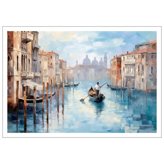 Grafisk maleri. Utforsk den romantiske skjønnheten med vår Venezia plakat og lerret. Dykk inn i det pulserende hjertet av Italia mens du tar inn synet av gondoler som glir stille gjennom kanalene og de fargerike bygningene som speiler seg i det stille vannet. 