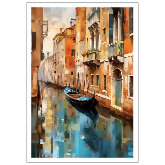 Grafisk maleri av Venezia. Dykk inn i det pulserende hjertet av Italia mens du tar inn synet av gondoler som ligger på kanalene og de fargerike bygningene som speiler seg i det stille vannet. 