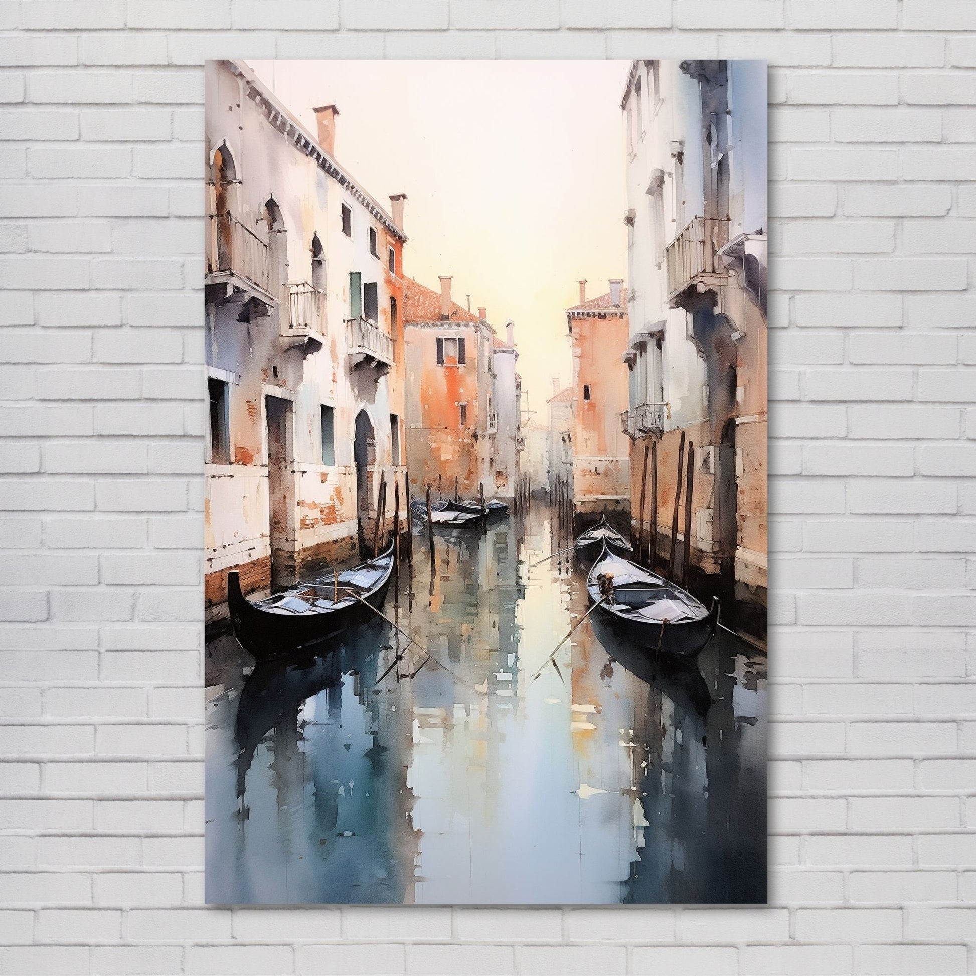 Grafisk maleri av Venezia. Dykk inn i det pulserende hjertet av Italia mens du tar inn synet av gondoler som ligger på kanalene og de fargerike bygningene som speiler seg i det stille vannet. Illustrasjon av motivet på lerret.