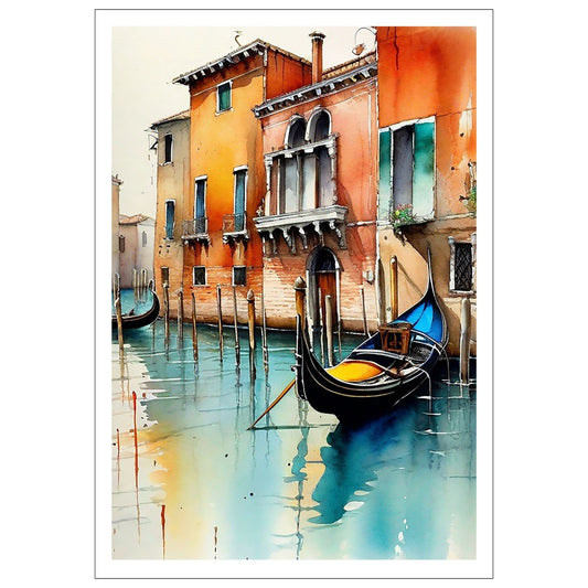 Med en fantastisk grafisk akvarell gjenskaper vi magien fra Venezia og de berømte gondolene som ligger på de pittoreske kanalene, omkranset av fargerike bygninger som speiler seg i det rolige vannet.