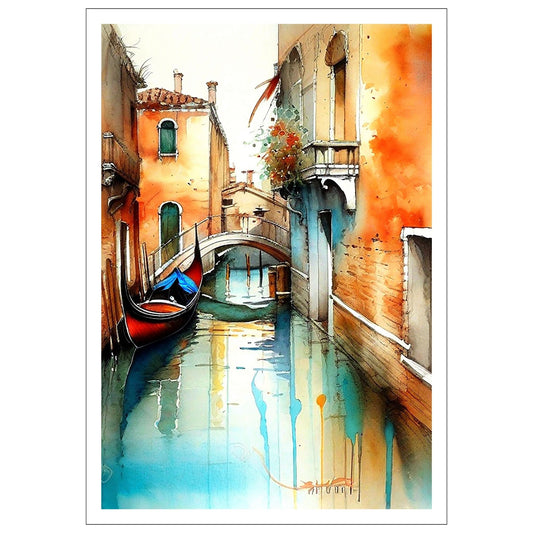 Med en fantastisk grafisk akvarell gjenskaper vi magien fra Venezia og de berømte gondolene som ligger på de pittoreske kanalene, omkranset av fargerike bygninger som speiler seg i det rolige vannet. 