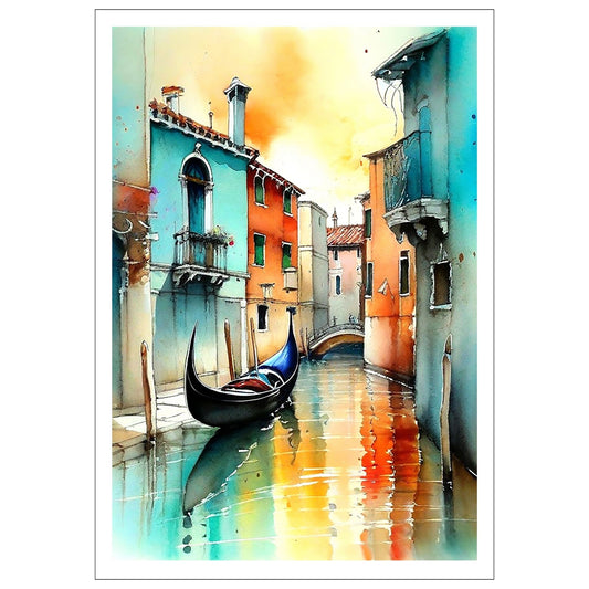 Med en fantastisk grafisk akvarell gjenskaper vi magien fra Venezia og de berømte gondolene som ligger på de pittoreske kanalene, omkranset av fargerike bygninger som speiler seg i det rolige vannet. 