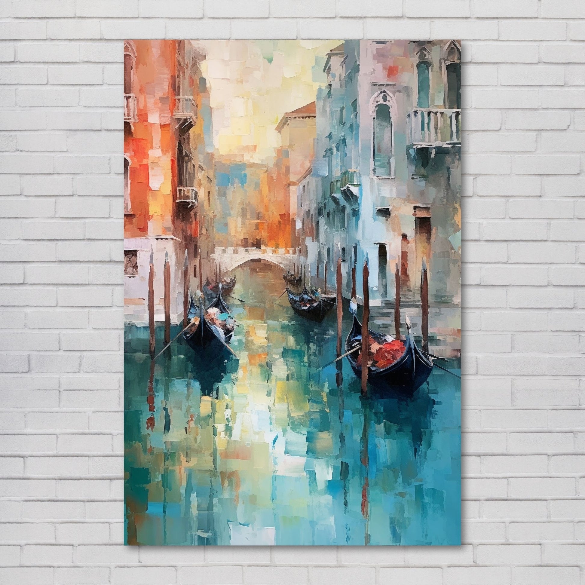 Grafisk maleri av Venezia. Dykk inn i det pulserende hjertet av Italia mens du tar inn synet av gondoler som ligger på kanalene og de fargerike bygningene som speiler seg i det stille vannet. Illustrasjon av motivet på lerret.