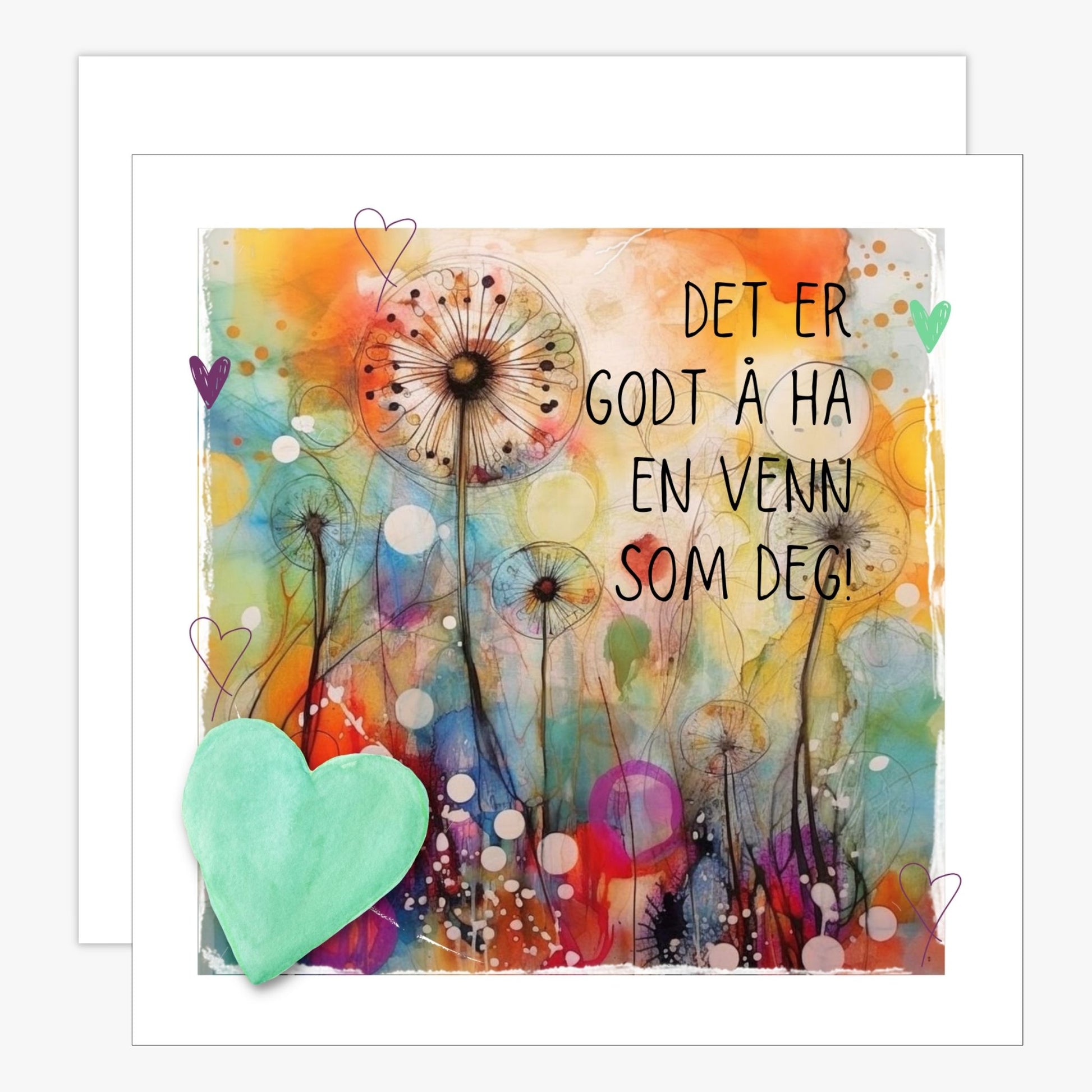 Kort med lysegrønt hjerte og bakgrunn i fargerik blomstereng, og tekst "Det er godt å ha en venn som deg".  Konvolutt er inkludert.
