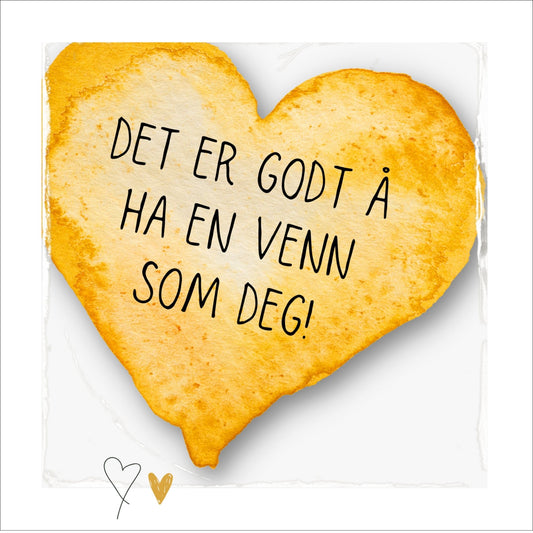 Kort med lys oransje hjerte med tekst "Det er godt å ha en venn som deg".  Konvolutt er inkludert.