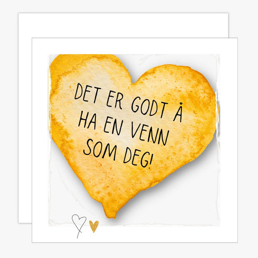 Kort med lys oransje hjerte med tekst "Det er godt å ha en venn som deg".  Konvolutt er inkludert.