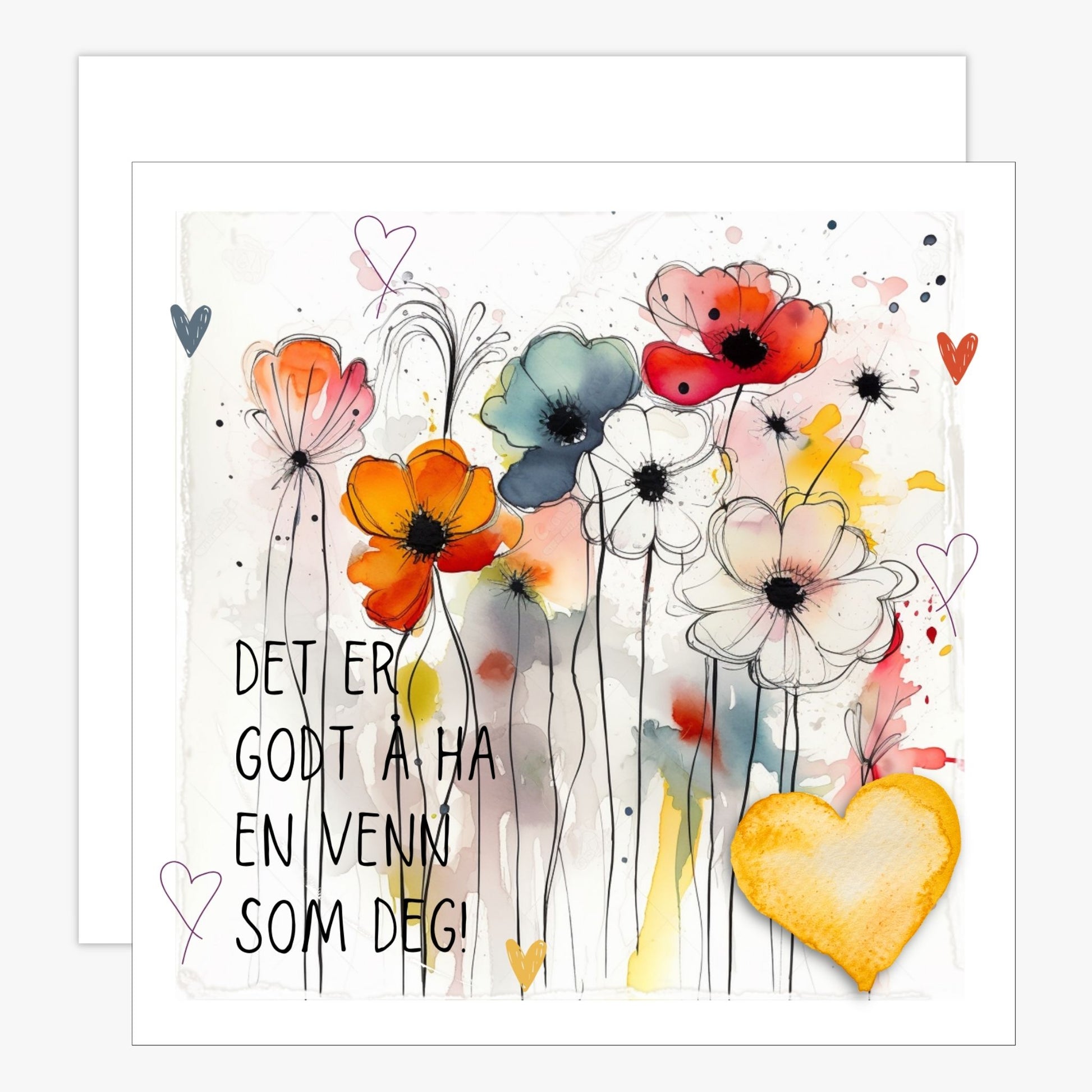 Kort med lys oransje hjerte og bakgrunn med fargerik blomstereng, og tekst "Det er godt å ha en venn som deg".  Konvolutt er inkludert.