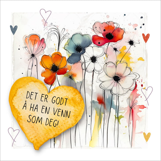 Kort med lys oransje hjerte med tekst "Det er godt å ha en venn som deg" og bakgrunn med fargerik blomstereng. Konvolutt er inkludert.