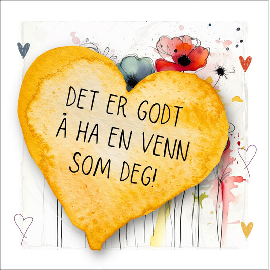 Plakat med lysegult hjerte og tekst "Det er godt å ha en venn som deg" - og et motiv med blomster i gul, rød, hvit, blå og oransje. Med hvit kant på 1,5 cm. 