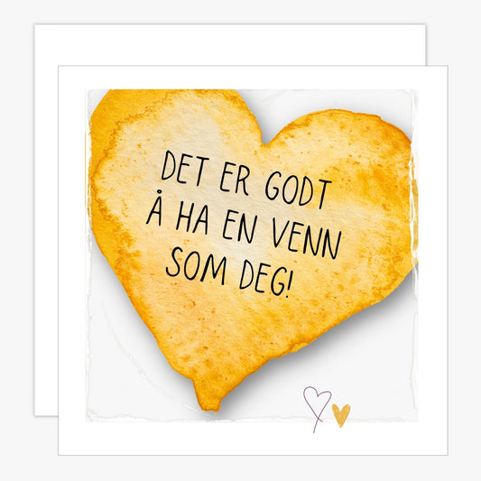 Kort med lys oransje hjerte med tekst "Det er godt å ha en venn som deg".  Konvolutt er inkludert.