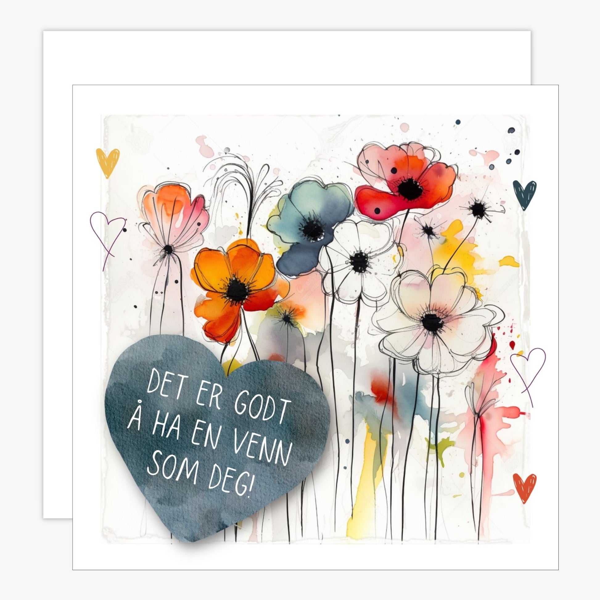Kort med blått hjerte med tekst "Det er godt å ha en venn som deg" og bakgrunn med fargerik blomstereng. Konvolutt er inkludert.