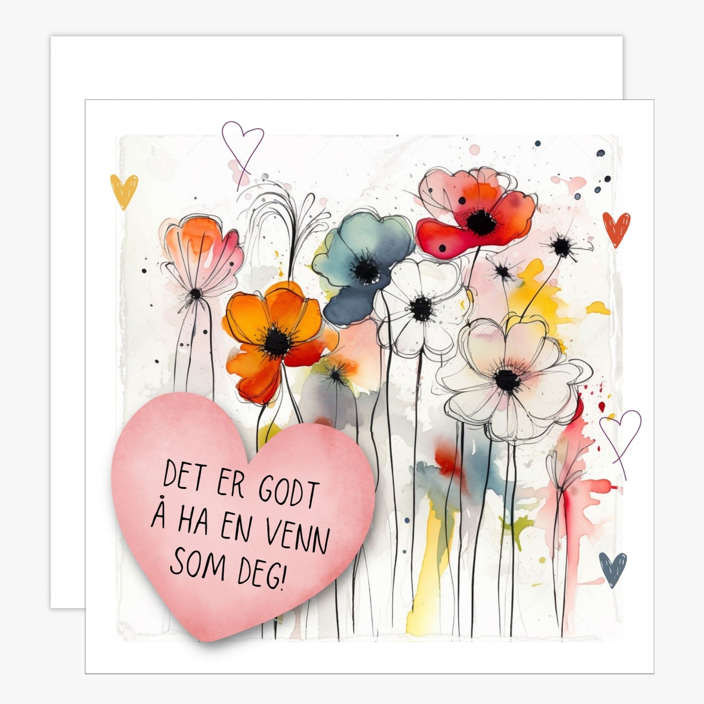 Kort med rosa hjerte med tekst "Det er godt å ha en venn som deg" og bakgrunn med fargerik blomstereng. Konvolutt er inkludert.