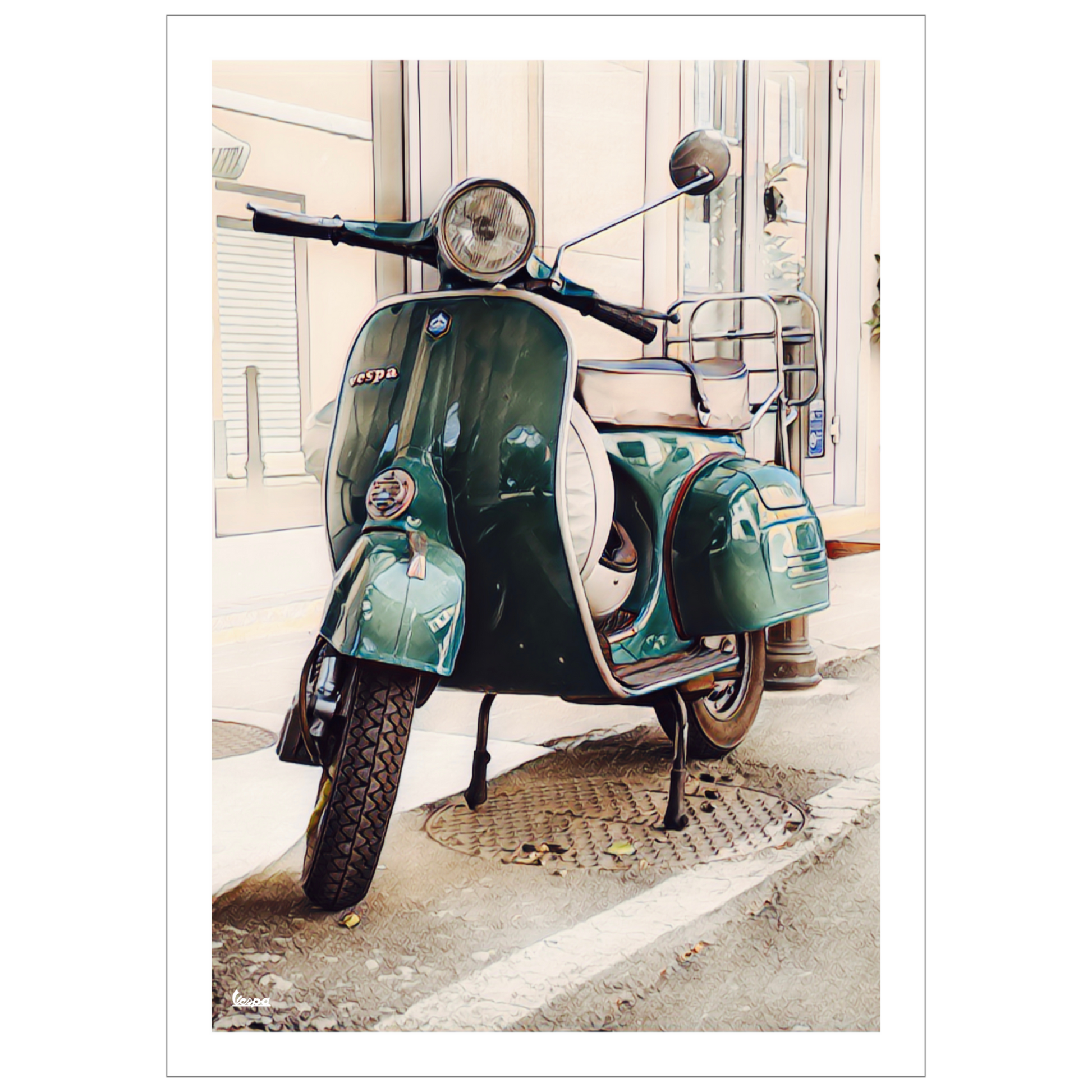 Grønn Vespa parkert foran en bygning i en gate i Italia. Tekstfelt nederst på plakat. Grafisk bearbeidet for å få et særpreg. Plakaten har hvit kantlinje.