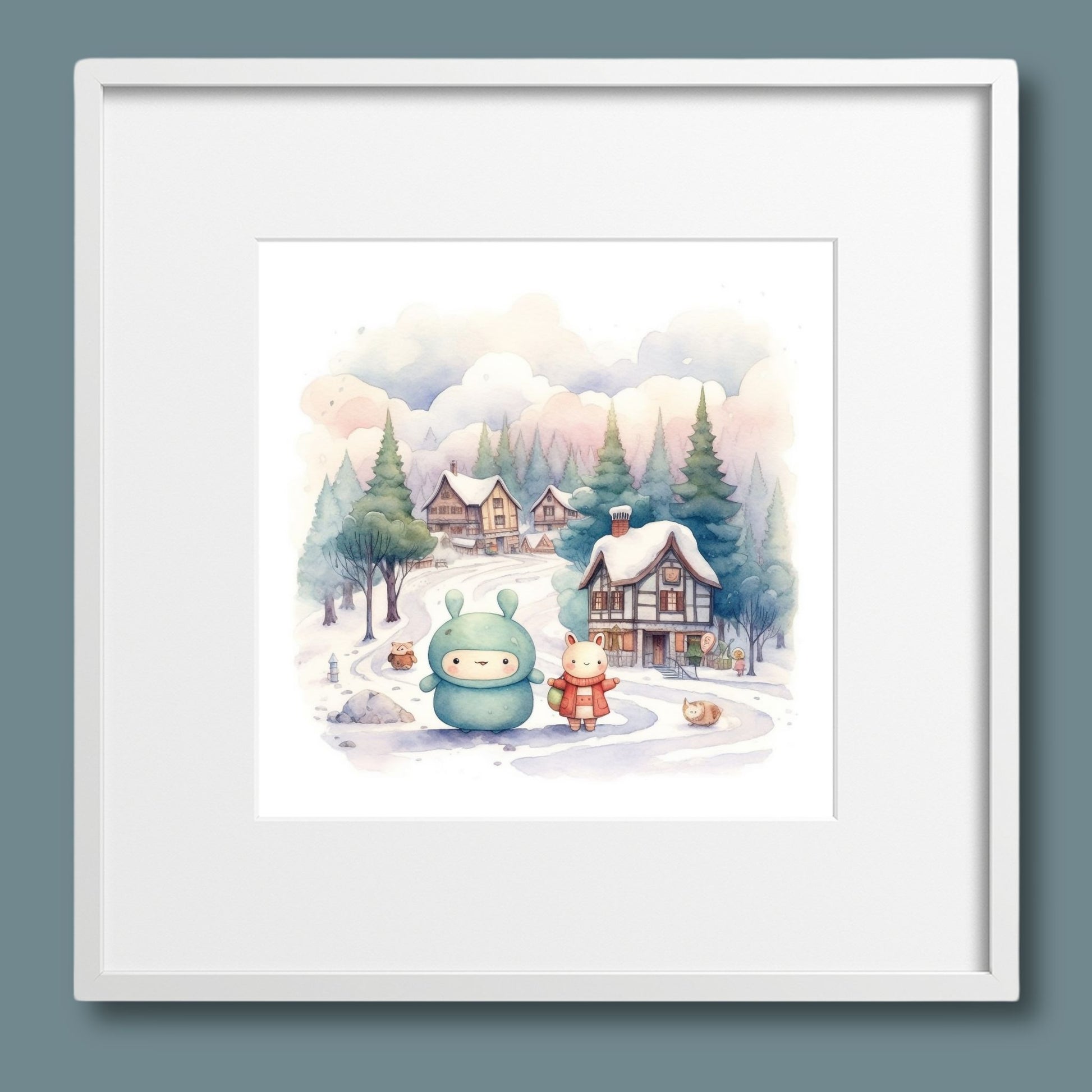 Denne herlige illustrasjonen viser snødekte hus og småbutikker, snømenn og vennlige figurer som skaper en koselig og nostalgisk stemning. Illustrasjonsfoto viser motivet i lys ramme.