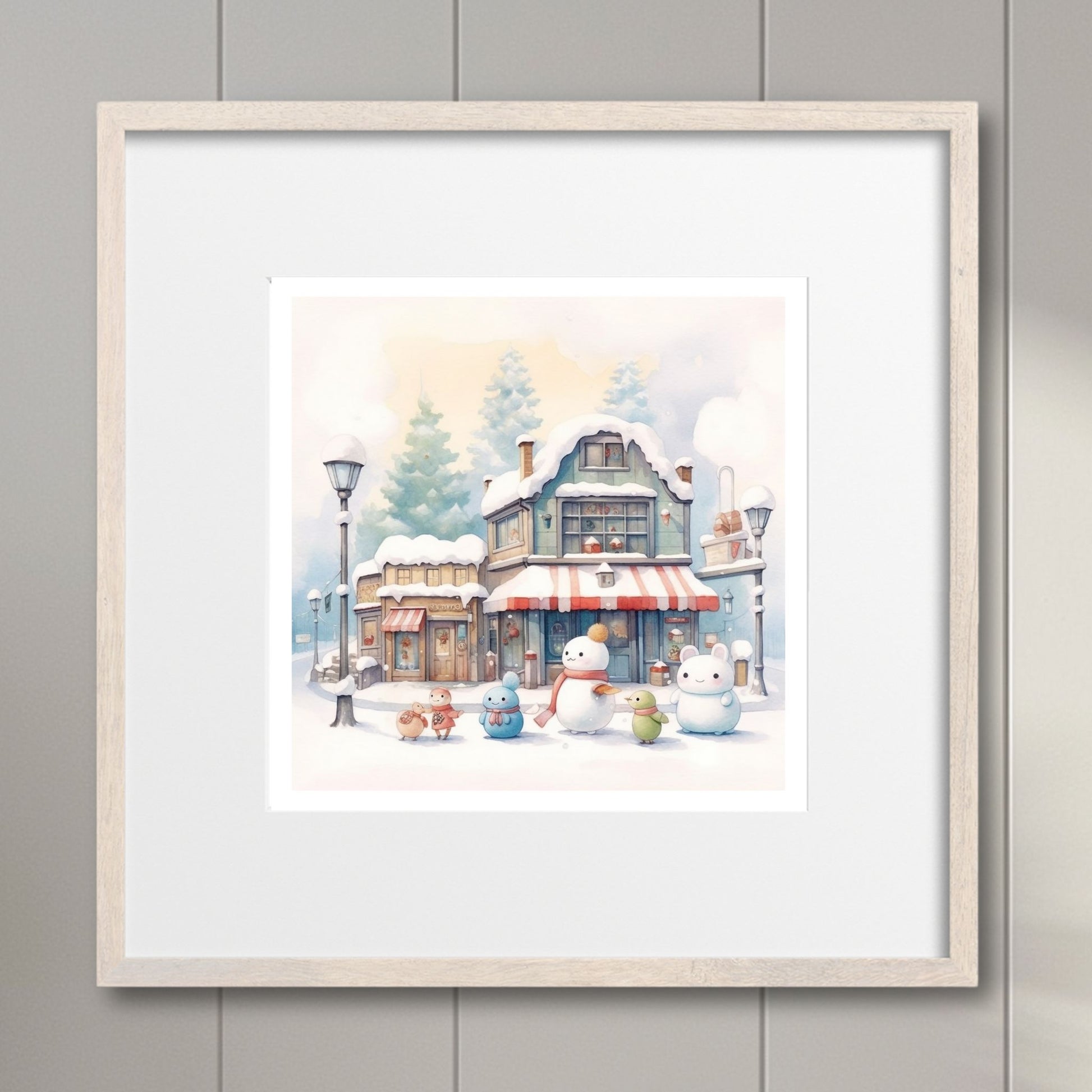Denne herlige illustrasjonen viser snødekte hus og småbutikker, snømenn og vennlige figurer som skaper en koselig og nostalgisk stemning. Illustrasjonsfoto viser motivet i lys ramme.