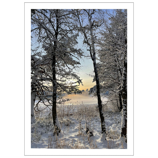 Magisk vinterdag ved Skranevatnet med desembersol og frostrøyk på isen. Motivet fås som plakat og på lerret. Plakat har en hvit kant rundt som gir dybde og fremhever motivet.